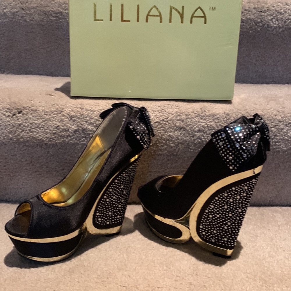 Sexy black rhinestone decor peep toe mirror trim wedges from Liliana. Size 6 1/2 - Picture 2 of 10